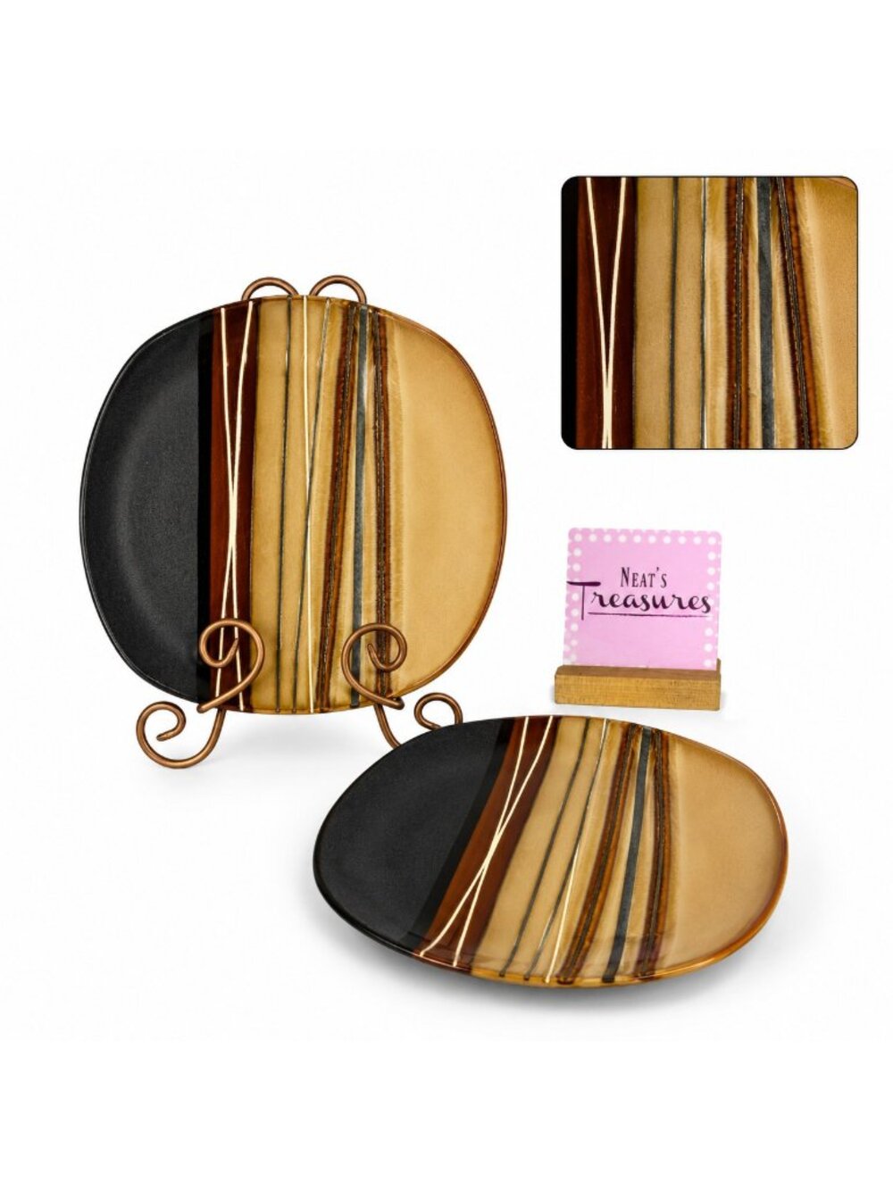 Home Trends BAZAAR BROWN Stoneware Square Tan Stripe 10 3/4" Dinner Plate Set 2